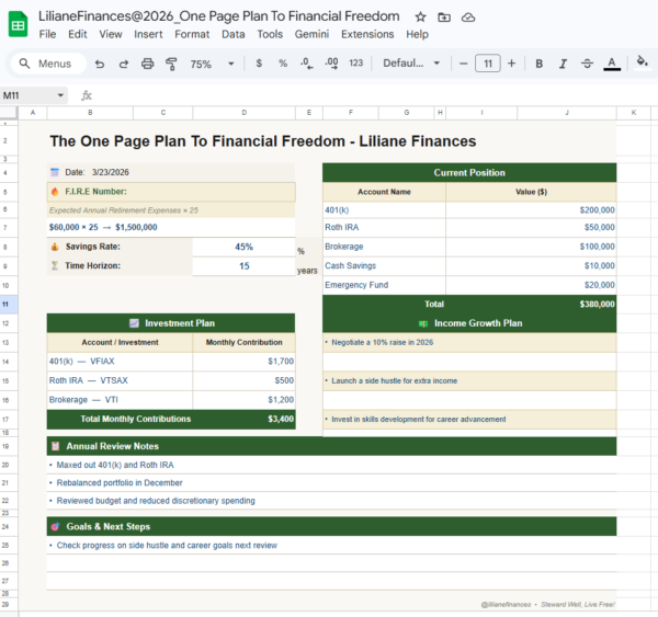 The One Page Plan To Financial Freedom - FREE - Liliane Finances